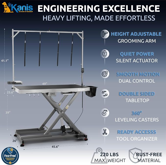 KANIS Professional Electric Dog Grooming Table - Heavy Duty | Height Adjustable Pet Grooming Table w/Leveling Wheels, Dog Grooming Arm, Anti-Slip Tabletop & Tool Organizer (Grey, 49") - Image 2