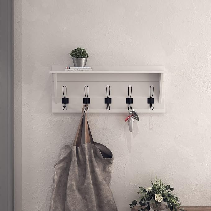 HBCY Creations 24" Wall Mounted Storage Rack - Pine Wood Construction - Solid White Finish - Upper Storage Shelf - 5 Hooks - Ideal for Entryway, Kitchen, Bathroom - Image 5