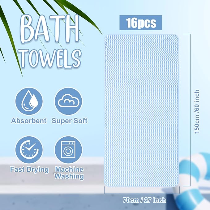 SmoothNovelty 16 Pack Microfiber Bath Towels Bulk 27'' x 60'' Oversized Size Bath Towel Highly Absorbent Extra Large Soft Drying for Beach Shower Summer Salon Sport Gym Party (Wave,Blue) - Image 2