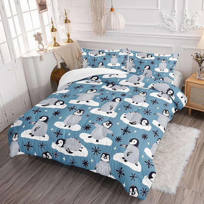 Cartoon Penguin Comforter Set Antarctica Animals Wildlife Printed Bedding Set with 1 Comforter and 2 Pillowcases for Boys and Girls Bedroom All Season(Penguin Full) - Image 3