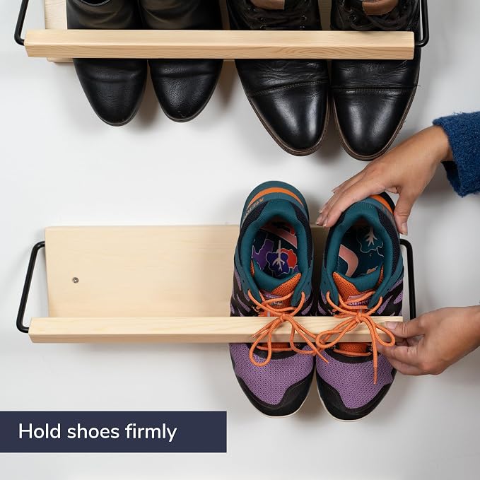 Wall Mounted Shoe Rack - A Wooden, Modern, Slim, and Small Shoe Storage Solution for Shoes and Boots in Narrow Spaces, entryways, or hallways. (20-in-Wide, Pack of 2) - Image 2