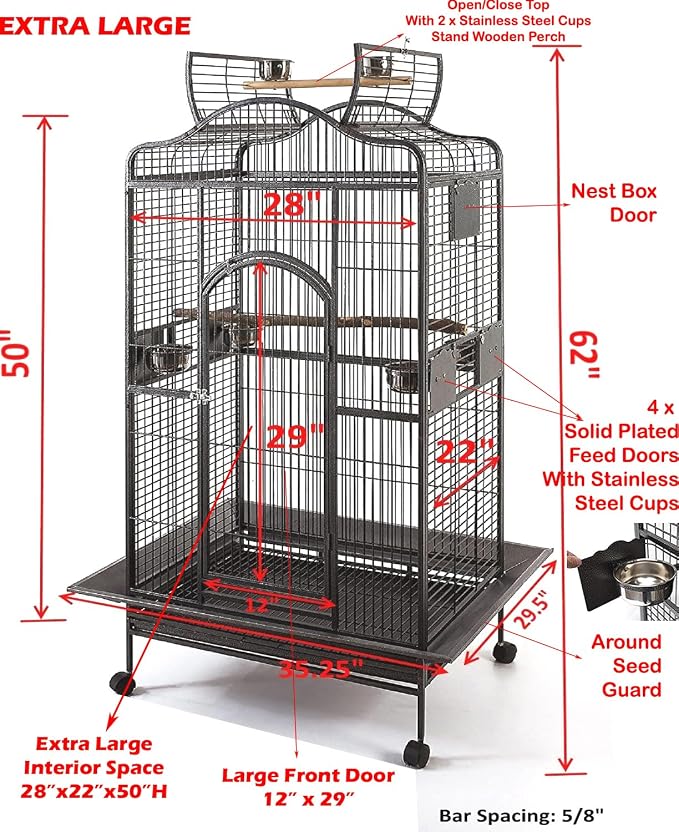 Extra Large Wrought Iron Open/Close Dome Perch Stand Play Top Bird Parrot Rolling Cage Solid Metal Plated Feeder Door Prevent Food Spillage Side Breeding Doors Around Metal Seed Guard - Image 2