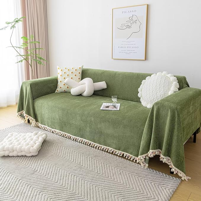 VClife Boho Couch Cover Non Slip Pet Friendly Chenille Sofa Covers, Dog Couch Cover for 2 Cushion Couch Sofa Breathable Wear Resistant Furniture Couch Protector with Tassel Ball, Green, 71"x118" by VCLIFE