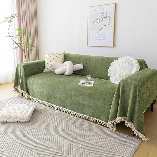 VClife Boho Couch Cover Non Slip Pet Friendly Chenille Sofa Covers, Dog Couch Cover for 2 Cushion Couch Sofa Breathable Wear Resistant Furniture Couch Protector with Tassel Ball, Green, 71"x118" by VCLIFE