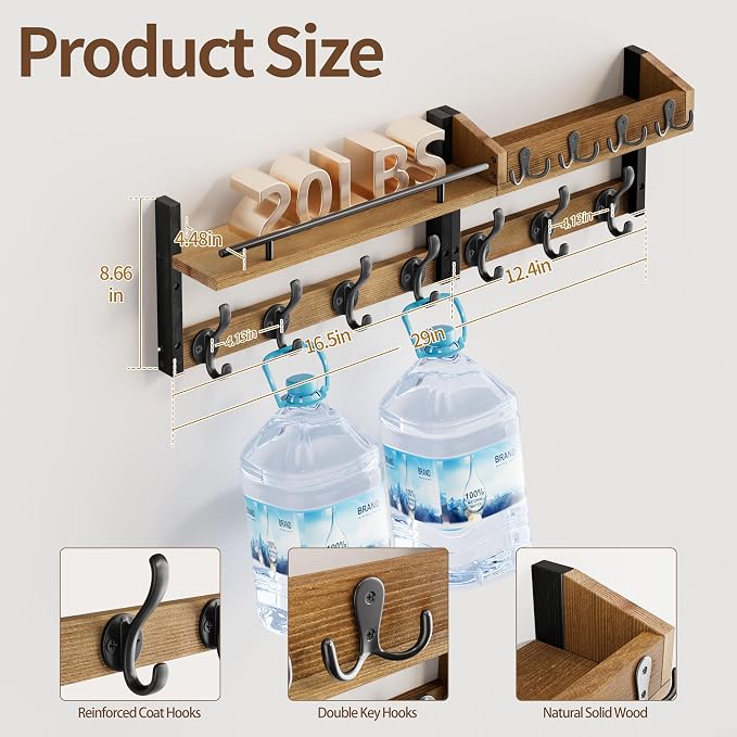 29 inch Coat Rack Wall Mount with Shelf, Entryway Wall Shelf with Hooks, Heavy Duty Coat Hanger Wall Mount with Key Holders and Mail Organizer for Living Room, Bedroom, Wooden Brown & Black - Image 2