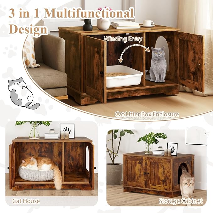 Tangkula Cat Litter Box Enclosure, Wooden Kitty Washroom Cabinet w/Winding Entry & Cat Hole, with Divider, Hidden Double Enclosed Litter Box Furniture for Living Room, Bedroom, Entryway (Rustic Brown) - Image 6
