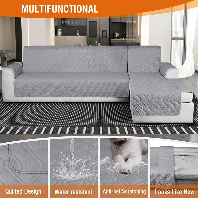 VANSOFY Sectional Couch Covers 100% Waterproof L Shaped Sofa Slipcover 3pcs Reversible Chaise Lounge Cover for Sectional Sofa Furniture Protector Cover for Pets Cat Dog(X-Large, Light Gray) - Image 6
