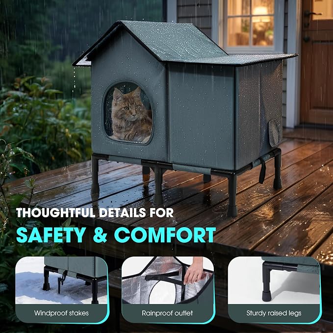 Weatherproof Heated Cat House for Outside with Heating Pad, Elevated Feet Outdoor Cat House, Expanded Canopy Warm Cats Shelter, Heating Pet Beds for Feral or Stray Cats in Winter (Warm Grey, Unheated) - Image 4