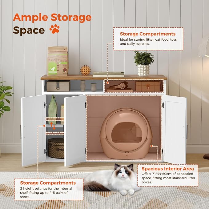 MAHANCRIS Cat Litter Box Enclosure for Self Cleaning Litter Boxes, Large Hidden Litter Box Furniture with Shelves, Wooden Cat Washroom Storage Cabinet, Automatic Litter Box Enclosure, White CWBZ3001 - Image 3
