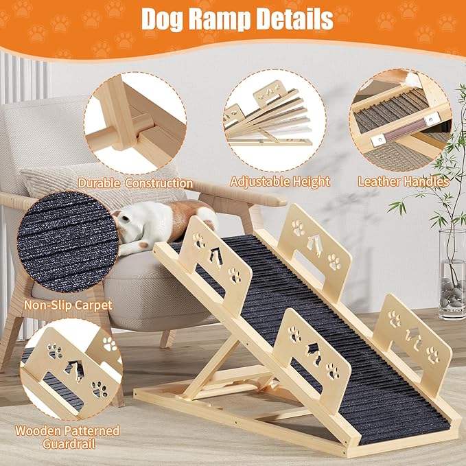 Dog Ramp for Bed 4 Adjustable from 13.8"-22.8" Portable Dog Steps Folding Ramp for Dogs to Get On Bed Wooden Paw Ramps with Anti-Slip Grip & Safety Rails Dog Stairs for High Beds Car Couch