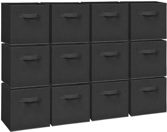 11 Inch Fabric Storage Cubes, Sturdy Foldable Storage Bins, Heavy Duty Cube Organizer for Clothes, Blankets, Shelves, Closets, Bedroom, Living Room, Black, 12 Pack by Unknown