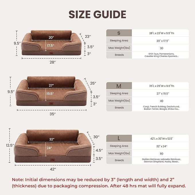 XL Orthopedic Dog Beds for Large Dogs, Waterproof Egg-Crate Foam Pet Couch Bed with Soft Sides, Non-Slip Dog Sofa with Flannel Removable Washable Cover, 42" L Supportive Pet Sofa, Brown - Image 7