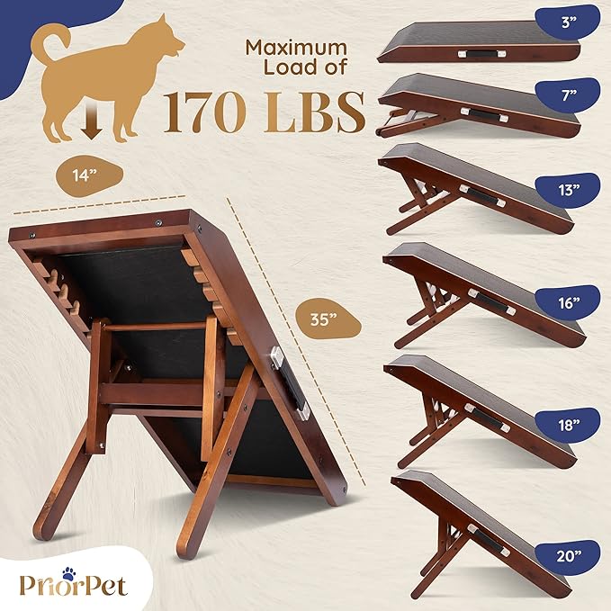 Dog ramp for Couch – Non-Slip, Sturdy Build Foldable Dog ramp – Supports up to 200lbs – Adjustable 7'' to 20'' – Landing Platform Seamlessly Connects – Birchwood Pet Ramp for Small Dogs – Walnut