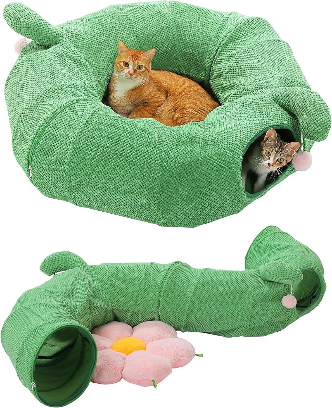 PEQULTI Cat Tunnel with Bed for Indoor Cats, Cat Play Donut Tunnel with Washable Soft Plush Flower Mat, Round Tube Toys Cute Tube for Kittens, Puppies, Rabbits and Ferrets, Green&Pink by PEQULTI