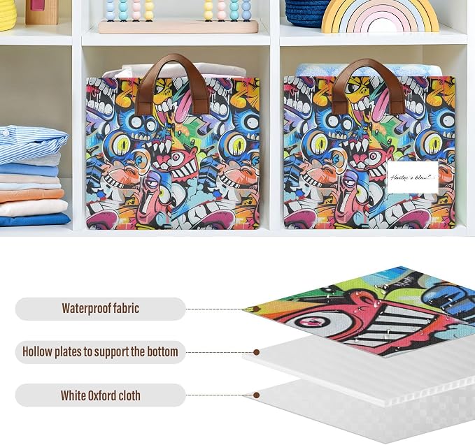 Colorful Street Graffiti Art Monkey Baby Storage Basket with Labels&Handles Rectangular Waterproof Nursery Storage Bins Collapsible Shelf Organizer Baskets for Kids Books Cloth Gift Toys Laundry, 2 PC - Image 5
