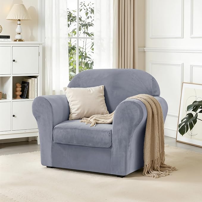 CHUN YI 2 Piece Velvet Armchair Cover Couch Covers 1 Cushion, Water Resistant Chair Slipcover with Arms, Non Slip High Stretch Thick Furniture Protector for Dogs Pets, Small, Grey - Image 3