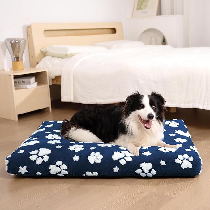 Cute Fluffy Dog Beds for Large Dogs, 35"x 22", Navy Paw | Thick Dog Bed for Crate Kennel, Pet Bed with Removable Washable Cover, Anti-Slip Bottom - Image 2