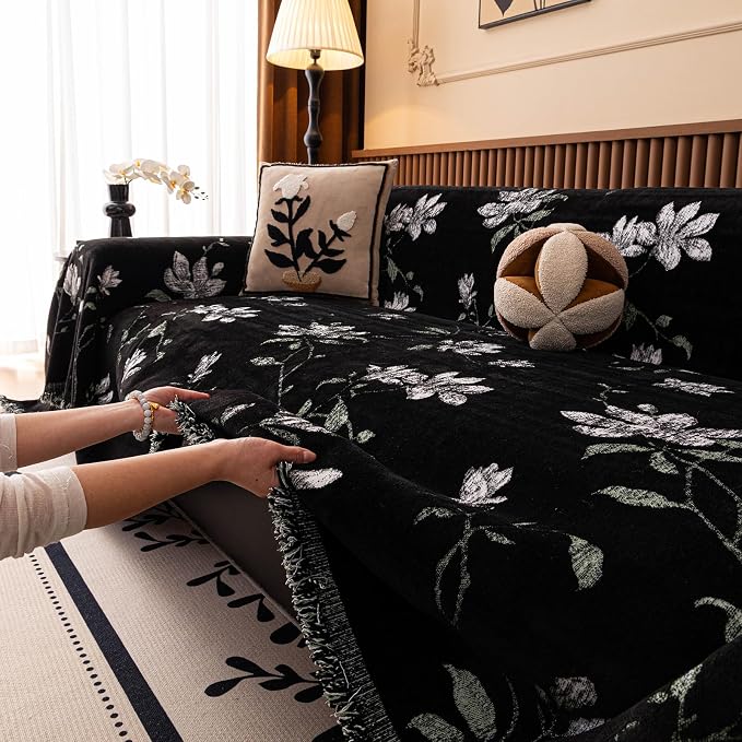 STACYPIK Vintage Floral Jacquard Couch Cover for Dogs, Countryside Chenille Sofa Covers for 2 Cushion Couch Washable, Non Slip Couch Protector for Sectional Throw Slipcover Blanket, Black-71X118IN - Image 3