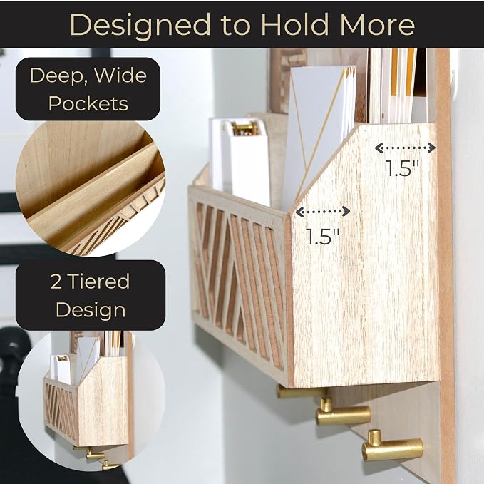 BLU MONACO Wall-Mounted Mail and Key Holder – Natural Wood 2-Tier Letter Organizer with 3 Hooks | Entryway Command Center for Mail, Keys, and Documents - Image 3