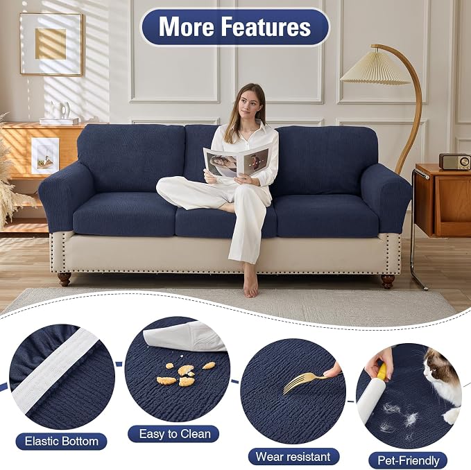 Couch Cushion Covers for Sectional Sofa Stretch Sofa Slipcovers Washable Wear-Resistant Sectional Couch Covers L Shaped Seats Furniture Protectors for Pets(Navy, 3 Seater+1 Chaise) - Image 3