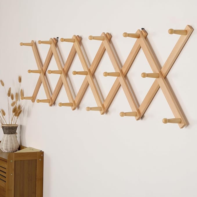 SKOLOO Hat Rack for Wall with 17 Hooks, Solid Wooden, Modern, Expandable Coat Rack Wall Mount for Coats, Hats, Bags, Baseball Caps, Natural Color - Image 3