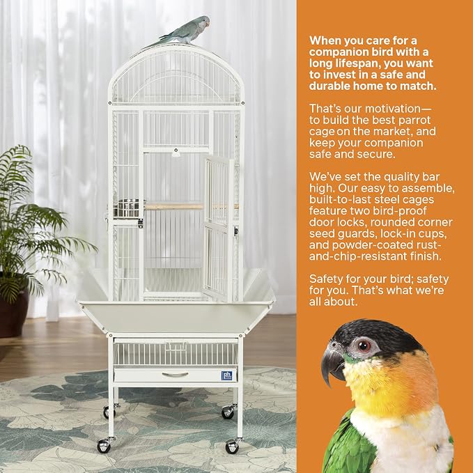 Prevue Pet Products Dome Top Bird Cage - Powder‑Coated Steel Cage with Wheels, Push Button Locks, Seed Guards and Perch, Ideal for Cockatiels, and All Small-Medium Sized Birds - Chalk White - Image 5