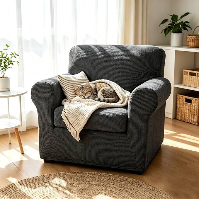 MAXIJIN 2 Piece Chair Slipcovers with Arms Super Stretch Chair Covers for Living Room Dogs Pet Proof Fitted Sofa Couch Protector Spandex Non Slip Armchair Slipcover Washable (Chair, Gray) - Image 2