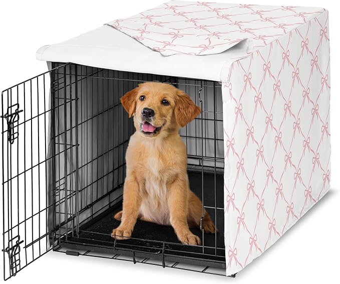 Sweet Jojo Designs 36in. Medium Dog Crate Cover (Pink Bows) for Girls Pet Cage, Kennel Covers (Blush and White Elegant Designer Bow for the Ballerina, Dancer, Princess, Coquette Ballet Collection) by SweetJojoDesigns