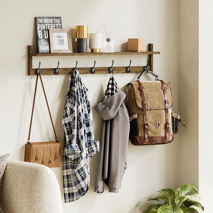 BAMEOS 35" L Wooden Coat Rack Wall Mount, Large Wall Coat Hooks with Shelf, Wall Hanging Shelf with 7 Dual Metal Hooks for Entryway, Bathroom, Kitchen, Living Room, Bedroom - Image 6