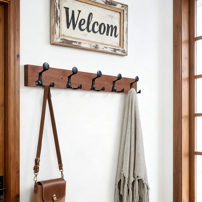 SKOLOO 30-Inch Wood Coat Rack Wall Mount with 5 Triple Hooks - Ideal for Family Entrances, Classrooms, and Pet Supplies Storage - Perfect Coat Hooks for Wall,Mahogany (Sapele), Pack of 2 - Image 2