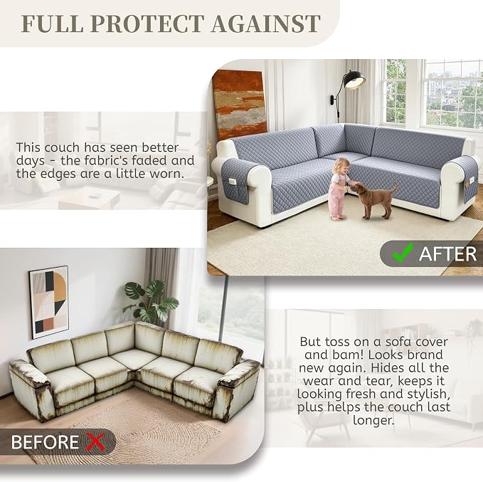 Sectional Couch Covers for Dogs 100% Waterproof Corner L Shaped Sofa Cover Pet Friendly Velvet Washable Anti Slip L Shape Modular Sofa Slipcover Protector with Pockets (Steel Gray, Small) - Image 7