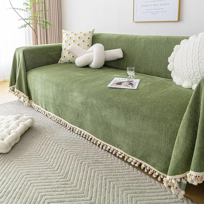 VClife Boho Couch Cover Non Slip Pet Friendly Chenille Sofa Covers, Dog Couch Cover for 2 Cushion Couch Sofa Breathable Wear Resistant Furniture Couch Protector with Tassel Ball, Green, 71"x118" - Image 8