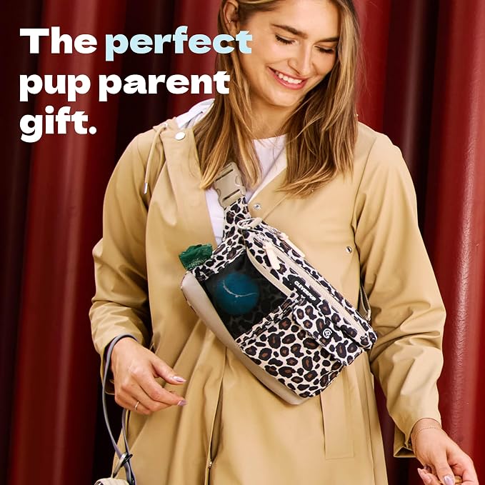 Cleverpup Walk & Train 2-in-1 Dog Walking Bag - Hands-Free Training Crossbody Sling & Fanny Pack with Treat Pouch, Poop Bag Holder, Phone Pockets - Adjustable Waist or Shoulder Strap - Leopard - Image 4