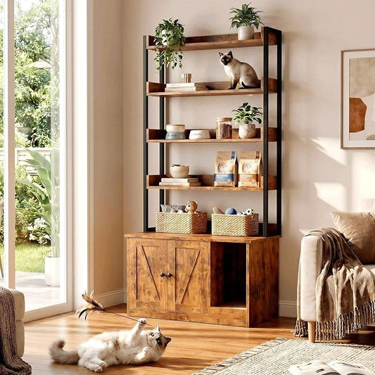 IRONCK Litter Box Enclosure with 4 Shelves and Doors, Large Wood Cat Litter Box Furniture Hidden with Storage and Scratch, Fit Most of Litter Box, Vintage Brown by IRONCK