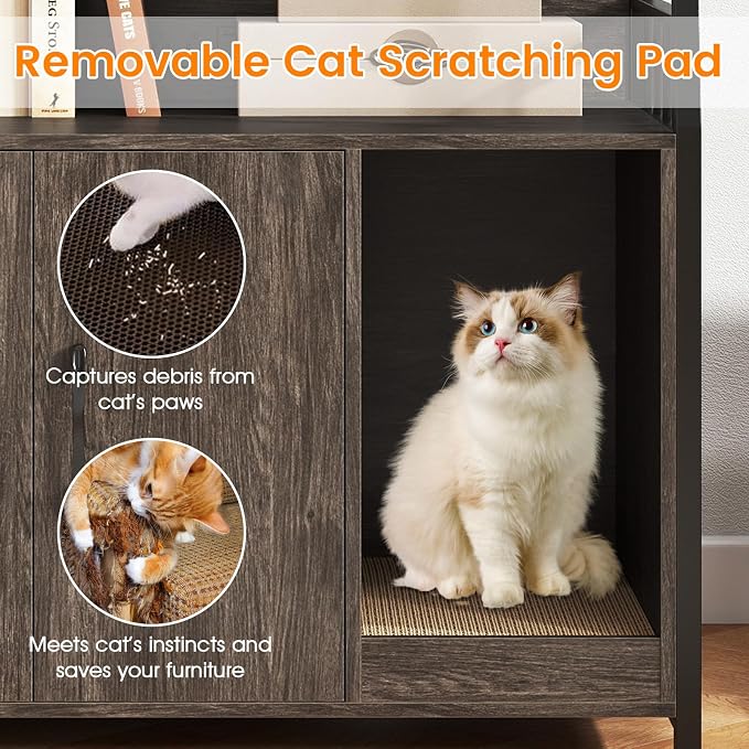 PETSITE Cat Litter Box Enclosure with Storage Shelves, 52 Inches Tall Hidden Litter Box with Charging Station, Scratching Board, and Winding Entry (Grey) - Image 9