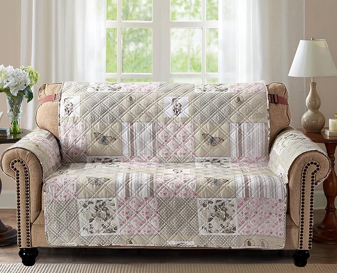 Brilliant Sunshine Grey Cupid & Pink Roses Loveseat Cover, 54" seat | Non Slip Sofa Cover, Patchwork Design, Quilted Furniture Protector, Large Washable Love Seat Slipcover for Pets, Dogs & Cats - Image 2