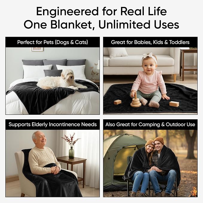 Waterproof Blanket for Bed, Couch & Sofa, Reversible Sherpa & Flannel Throw Blanket, Leakproof Soft Washable Furniture Protector for Pets & Home (Black, 60"x80") - Image 7
