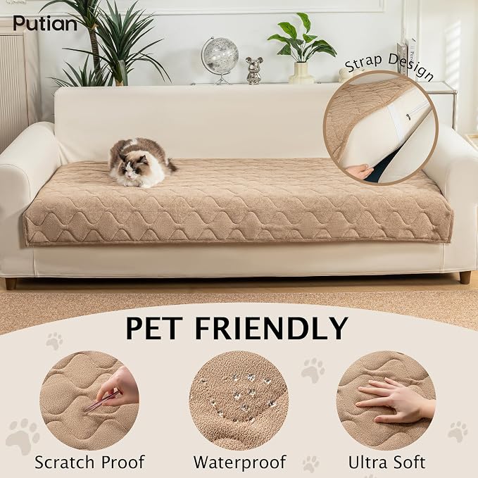 PuTian Waterproof Couch Cover for Dogs, Slip Straps, 36"X75", Khaki | Washable Sofa Cover，Pet Friendly Couch Protector & Dog Mat, Waterproof Furniture Guard for Sofas, Loveseats & Sectionals - Image 2