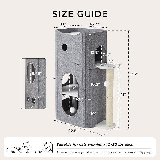 Bedsure 3-Level Cat Tree for Indoor Cats with Scratching Post,Grey | 22.5x31.5x13in,Cat Bed Condo for Multiple Pets with Fluffy Ball,Hideaway Cave for Kitten to Sleeping Play - Image 5