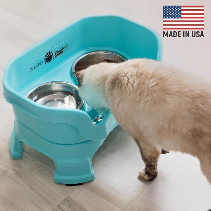 Neater Feeder Deluxe Mess-Proof Elevated Cat Bowls, 2 Height Adjustable (6” & 7.5”) No-Spill Raised Cat Bowl Stand, Whisker Friendly Stainless Steel Dishes for Indoor Cats, Made in USA, Aquamarine - Image 2