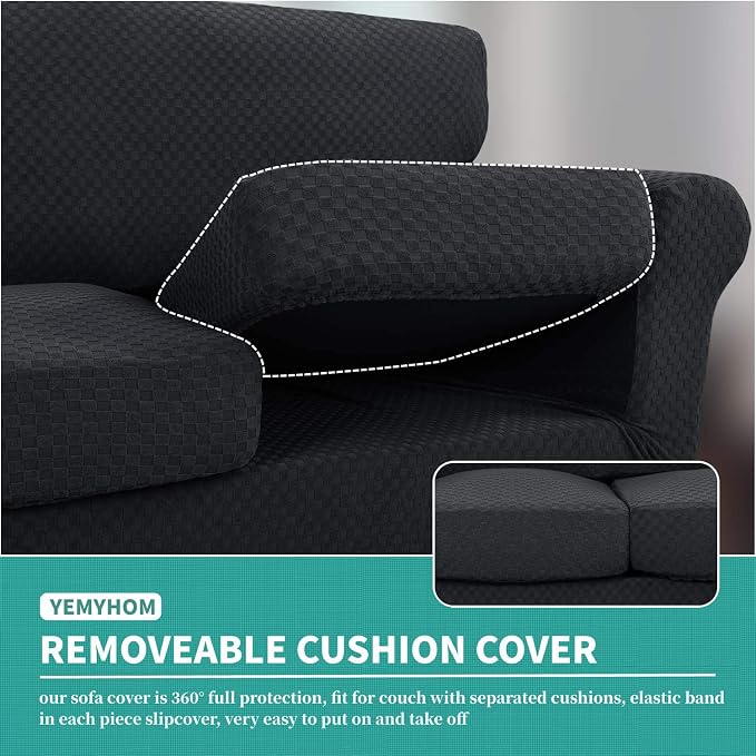 YEMYHOM Latest Checkered 3 Pieces Couch Covers for 2 Cushion Couch High Stretch Sofa Cover with 2 Extra Large Seat Cushion Covers Anti Slip Elastic Slipcovers (Black), 71"-91"(2 Cushions) - Image 4