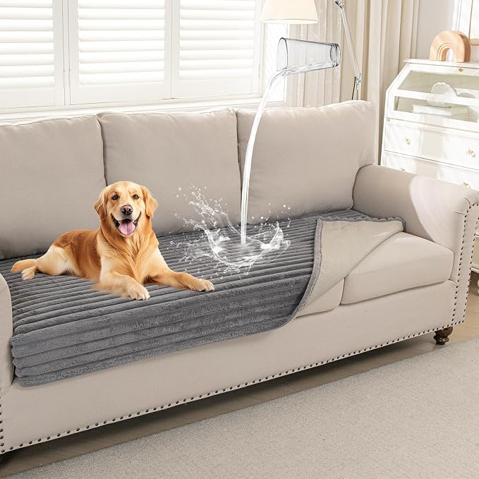Deep Dream Waterproof Couch Cover for Dogs, Non Slip Pet Couch Covers for Sofa, Soft Faux Fur Sofa Cover, Washable Furniture Protector for 3 Cushion Couch (Grey, 35" x 62") by DeepDream