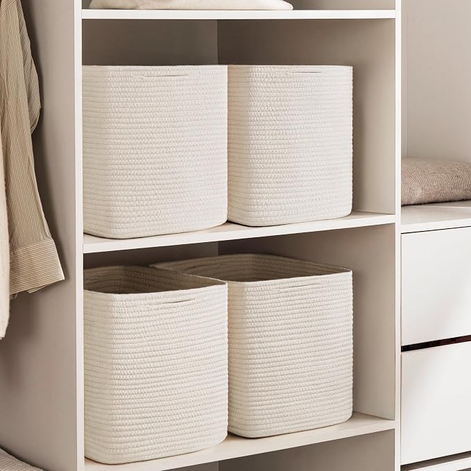 joybest 11inch Cube Storage Bins, Cotton Rope Woven Organizer Basket | Set of 4 Cube Bin Square Shelves Organizer Closet Storage, Nursery, Toy Organization, Beige - Image 4