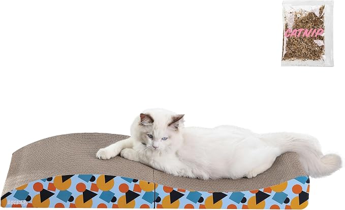CSR1011A Eero 32" Modern Cardboard Foldable Lounge Cat Scratcher with Catnip, Blue/Orange by THELICKERSTORE