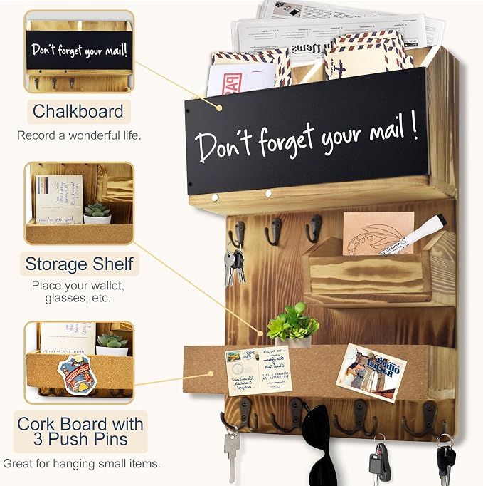 Mail Organizer Wall Mount，Key Holder Mail and Key Organizer for Wall with Shelf, Chalkboard, Corkboard, Home Decor for Room Office Entryway(Light Wood) - Image 4