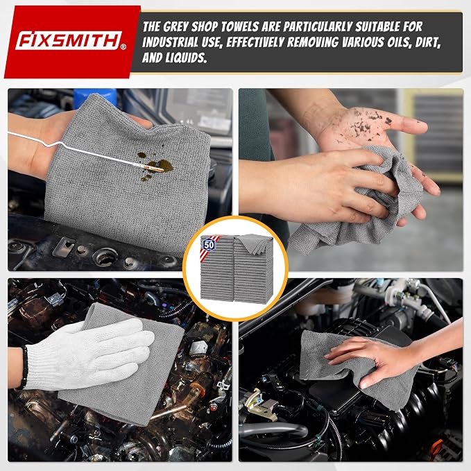 FIXSMITH Shop Towels, Pack of 50, Grey Microfiber Cleaning Cloth Bulk, Microfiber Towels for Cars, All-Purpose Absorbent Cleaning Rags, Dust Cloth for Automotive, Mechanic, Garage, 11.5 x 11.5 inch - Image 6
