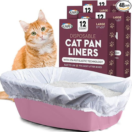 Alfapet Kitty Cat Litter box Disposable, Elastic Liners- 48-count-For Medium and Large, Size Litter Pans- With Sta-Put Technology for Firm, Easy Fit- Quick + Clever Waste Cleaners 4 pack by Alfapet