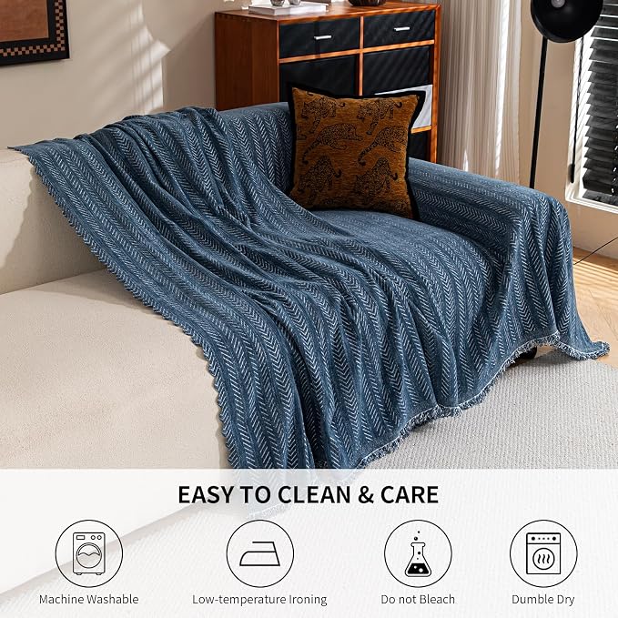 Sofa Covers for 3 Cushion Couch Seat, Loveseat Non Slip Couch Cover Chenille Strip Couch Throw Blankets with Tassels, Sectional Sofa Slipcovers Furniture Protector for Pets, Kids 71"x150", Dark Blue - Image 6