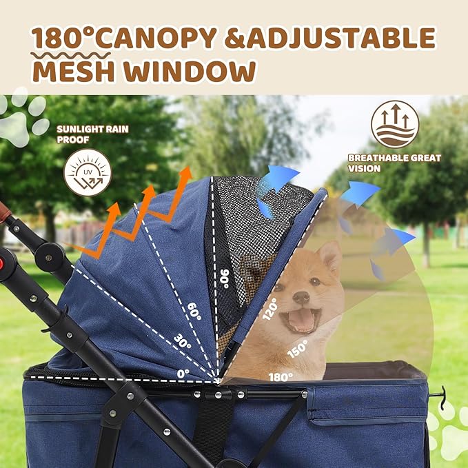 Pet Stroller for 2 Small Dogs, Dog Stroller for Medium Dogs 20 lb with Storage Bag and Cup Holder, Cat Stroller for 2 Cats with Adjustable Handle & Weatherproof Cover, All-Terrain(Blue)