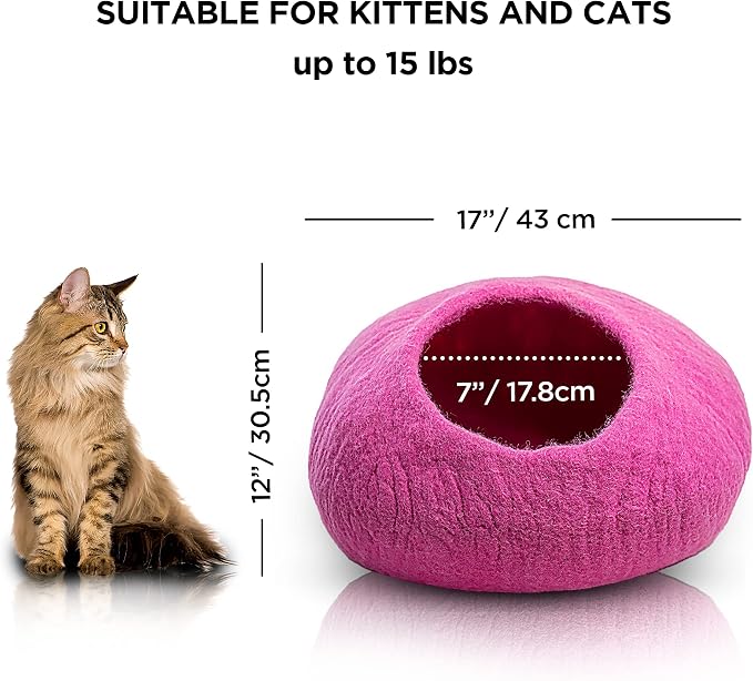 Woolygon Premium Felt Cat Cave Bed – Wool Kitty Beds Handcrafted Kitten Caves Bed for Indoor Cats - Made from Merino Wool, Foldable Cat Hideaway Covered Cat House Pod (Pink Plain) - Image 2